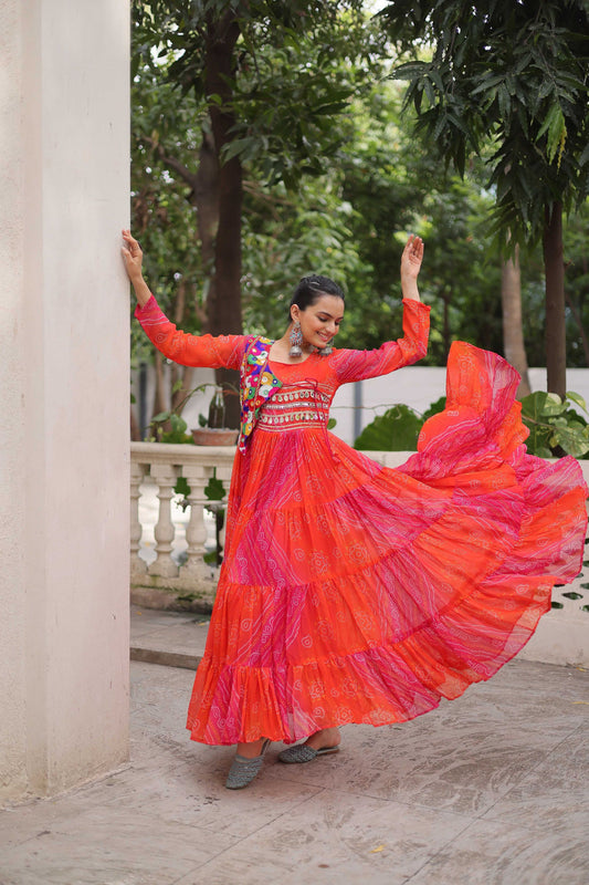 Traditional Red Bandhani Gown with Embroidered Mirror Work Koti