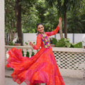 Traditional Red Bandhani Gown with Embroidered Mirror Work Koti