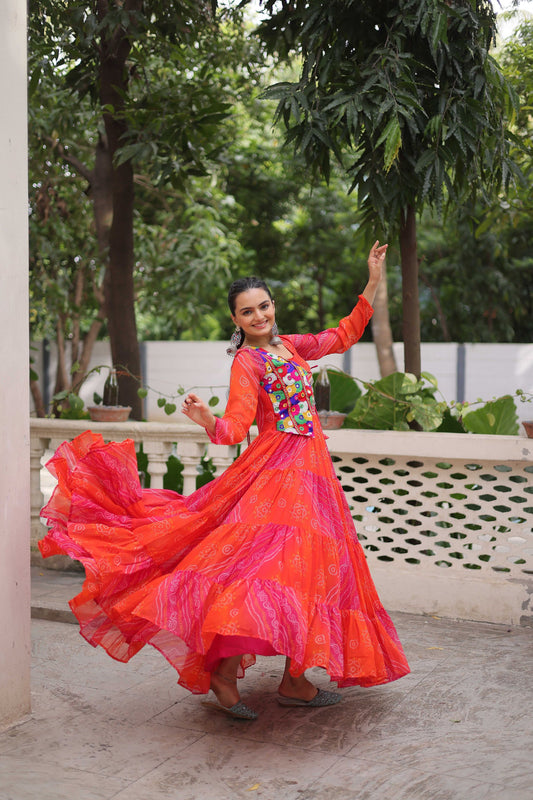 Traditional Red Bandhani Gown with Embroidered Mirror Work Koti