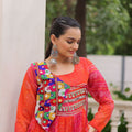 Traditional Red Bandhani Gown with Embroidered Mirror Work Koti