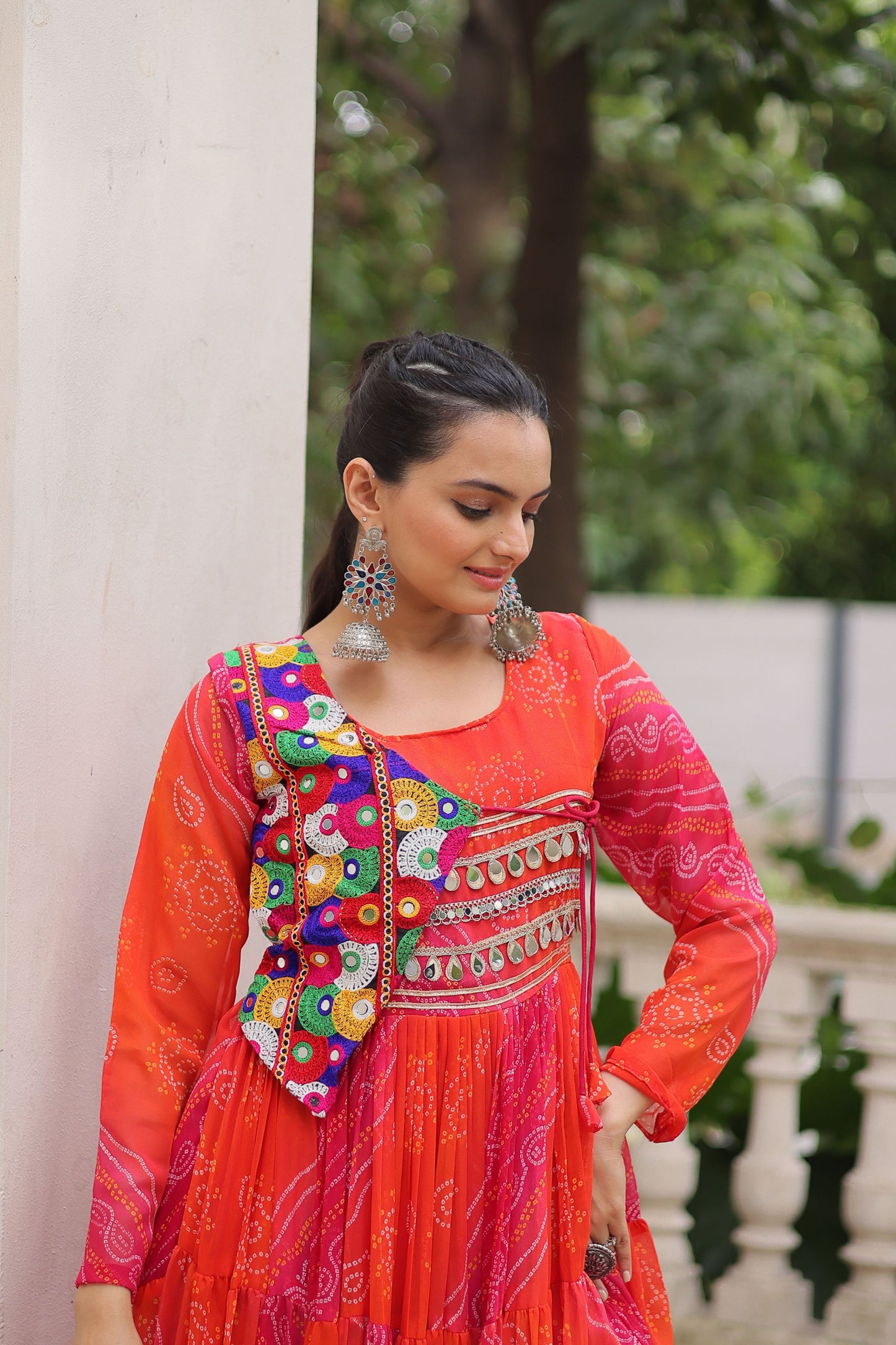 Traditional Red Bandhani Gown with Embroidered Mirror Work Koti