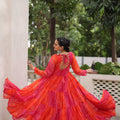 Traditional Red Bandhani Gown with Embroidered Mirror Work Koti