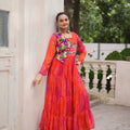Traditional Red Bandhani Gown with Embroidered Mirror Work Koti