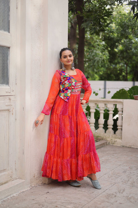 Traditional Red Bandhani Gown with Embroidered Mirror Work Koti