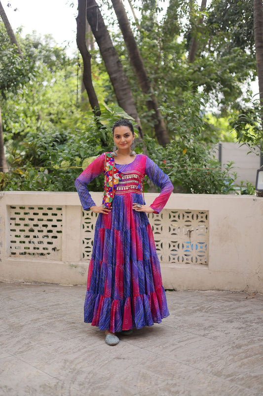 Festive Blue and Pink Bandhani Gown with Embroidered Mirror Work Koti