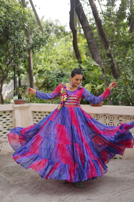 Festive Blue and Pink Bandhani Gown with Embroidered Mirror Work Koti