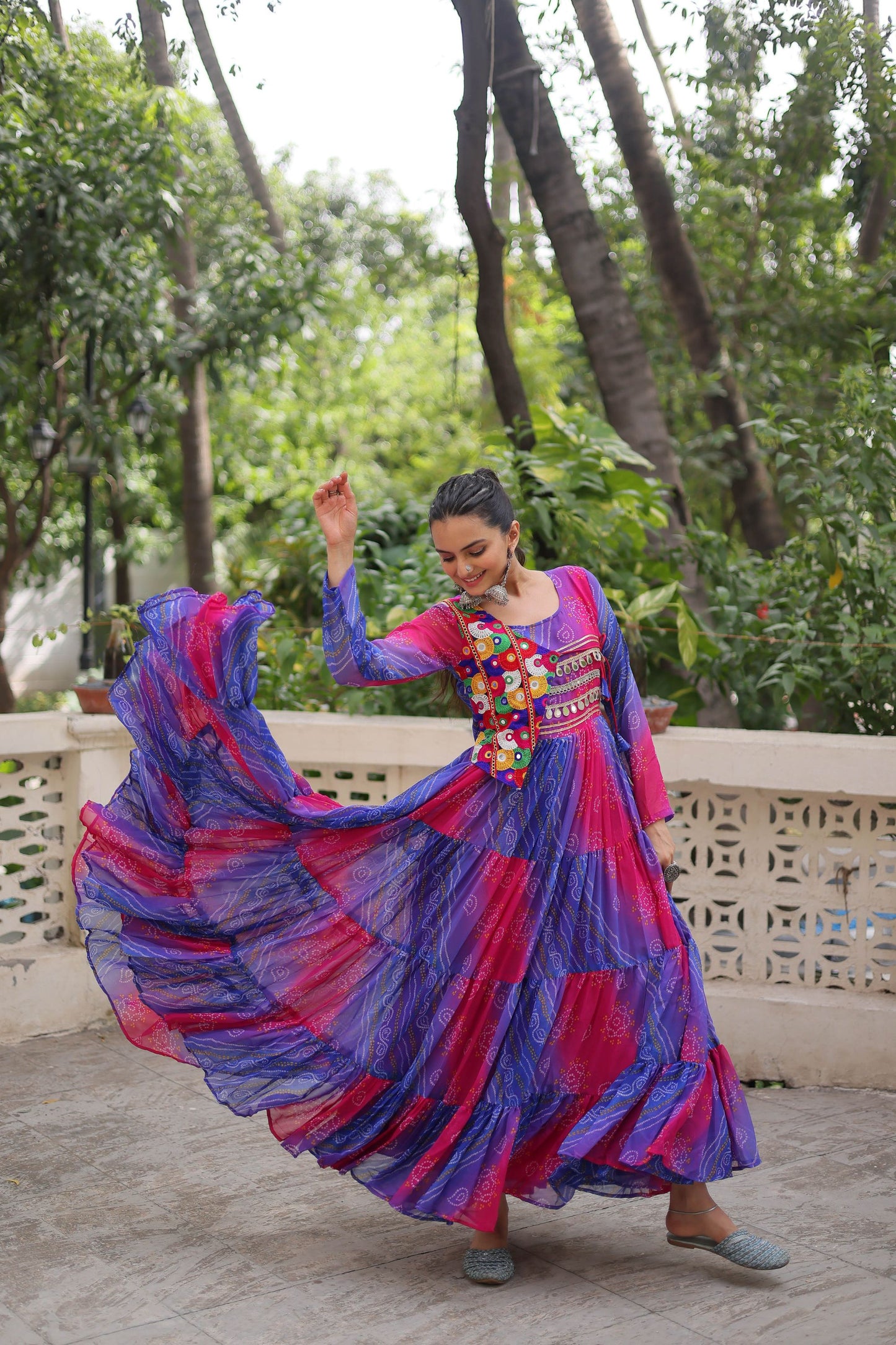 Festive Blue and Pink Bandhani Gown with Embroidered Mirror Work Koti