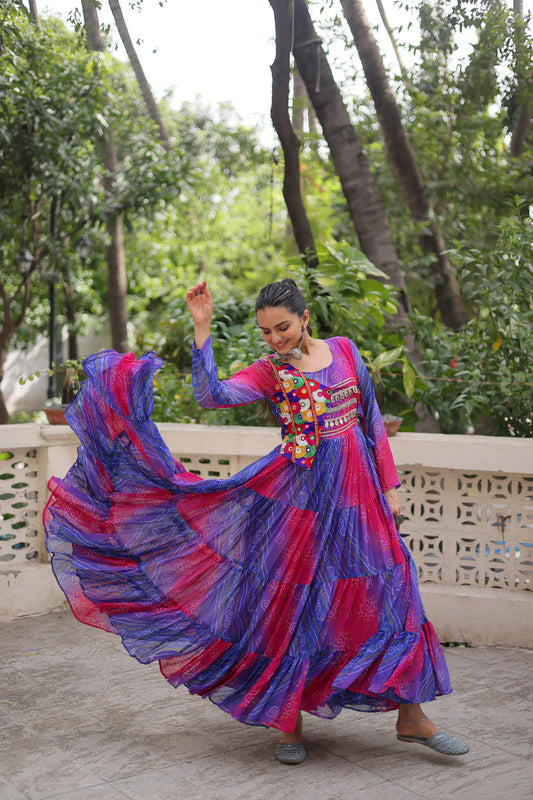 Festive Blue and Pink Bandhani Gown with Embroidered Mirror Work Koti