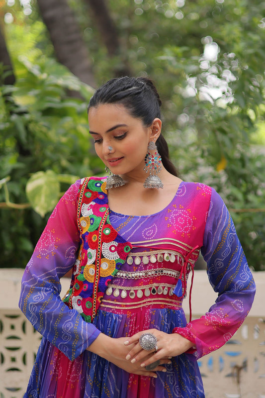 Festive Blue and Pink Bandhani Gown with Embroidered Mirror Work Koti