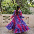 Festive Blue and Pink Bandhani Gown with Embroidered Mirror Work Koti