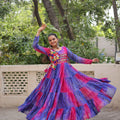 Festive Blue and Pink Bandhani Gown with Embroidered Mirror Work Koti