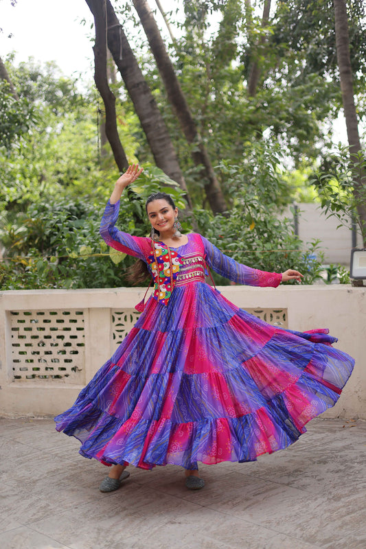 Festive Blue and Pink Bandhani Gown with Embroidered Mirror Work Koti