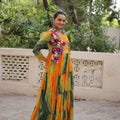 Pretty Multicolor Bandhani Gown with Embroidered Mirror Work Koti