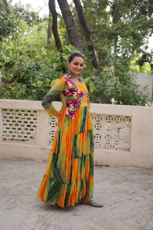 Pretty Multicolor Bandhani Gown with Embroidered Mirror Work Koti