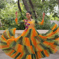 Pretty Multicolor Bandhani Gown with Embroidered Mirror Work Koti