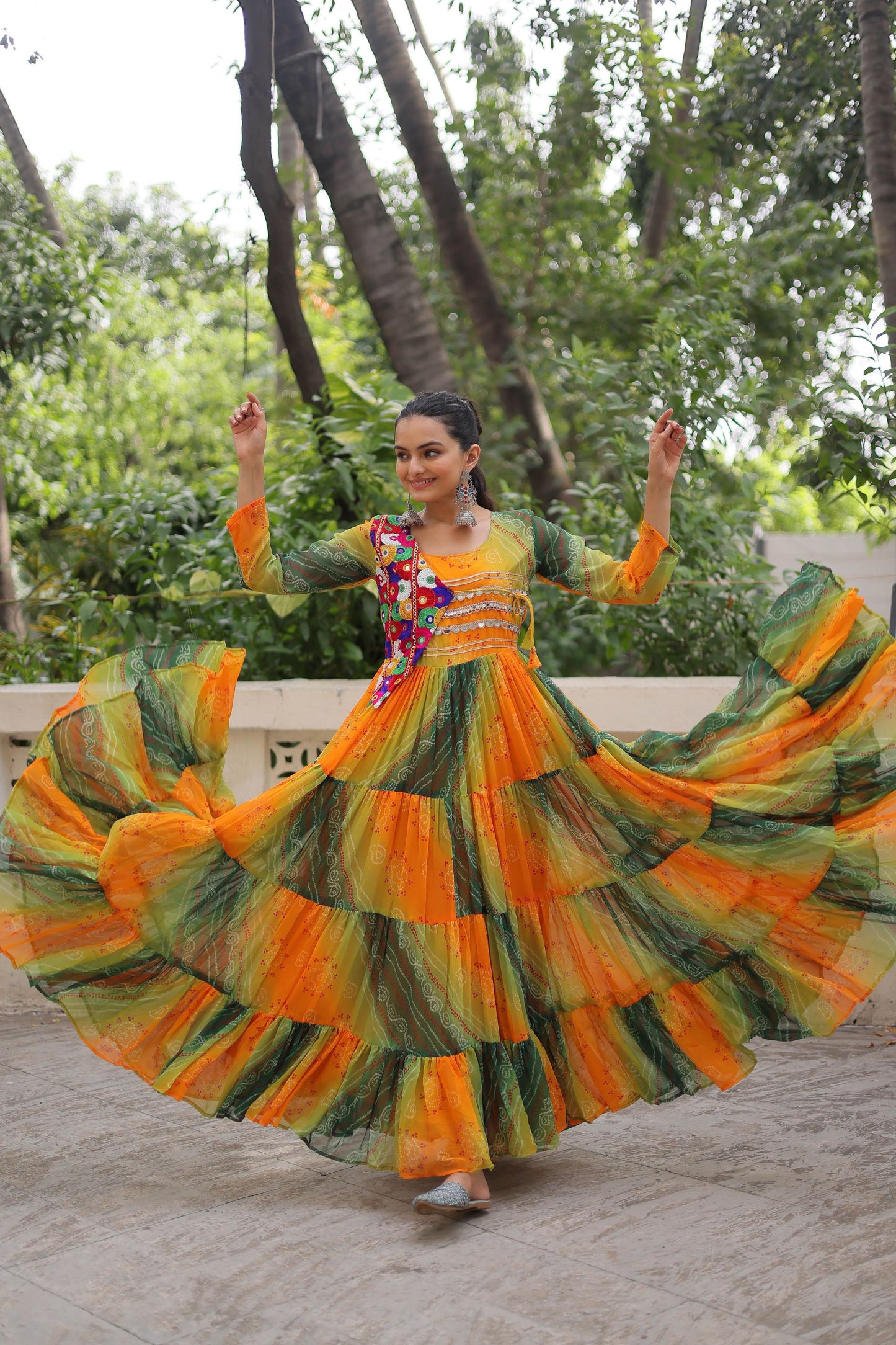 Pretty Multicolor Bandhani Gown with Embroidered Mirror Work Koti