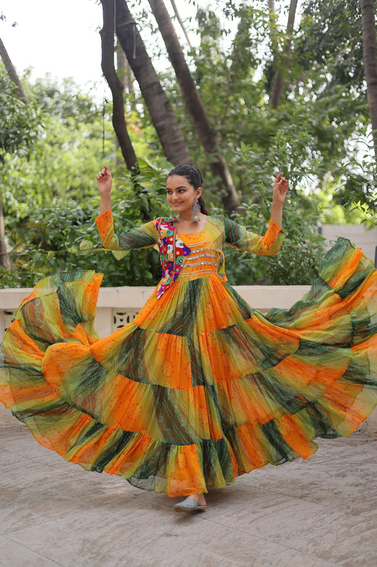 Pretty Multicolor Bandhani Gown with Embroidered Mirror Work Koti