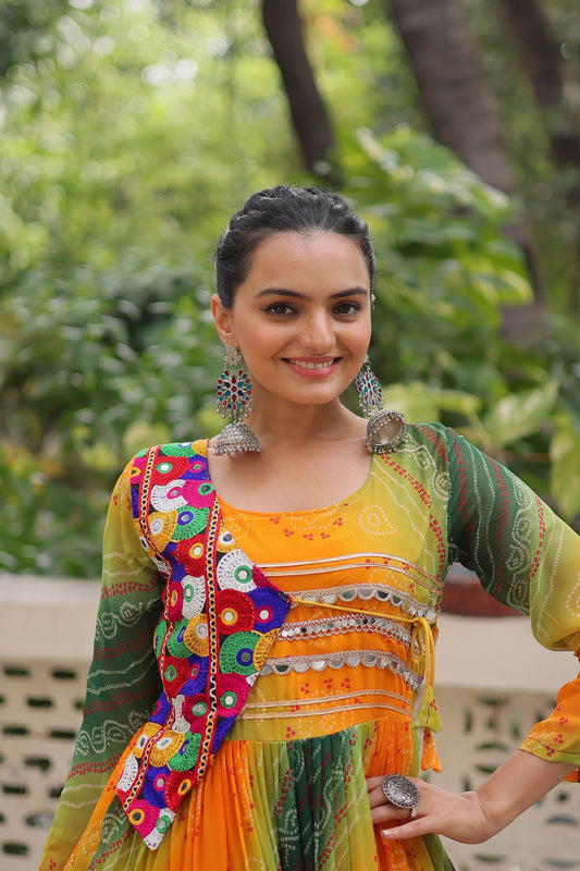 Pretty Multicolor Bandhani Gown with Embroidered Mirror Work Koti