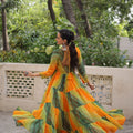 Pretty Multicolor Bandhani Gown with Embroidered Mirror Work Koti