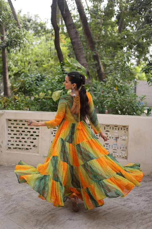 Pretty Multicolor Bandhani Gown with Embroidered Mirror Work Koti