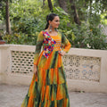 Pretty Multicolor Bandhani Gown with Embroidered Mirror Work Koti