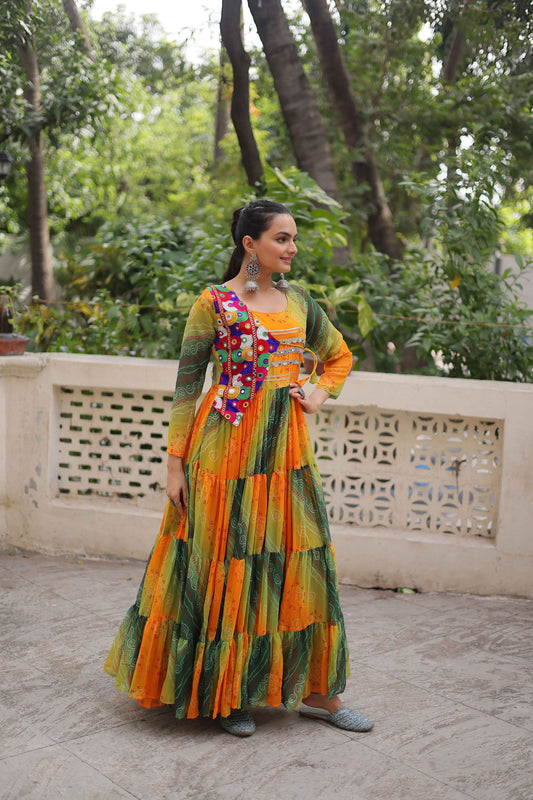 Pretty Multicolor Bandhani Gown with Embroidered Mirror Work Koti