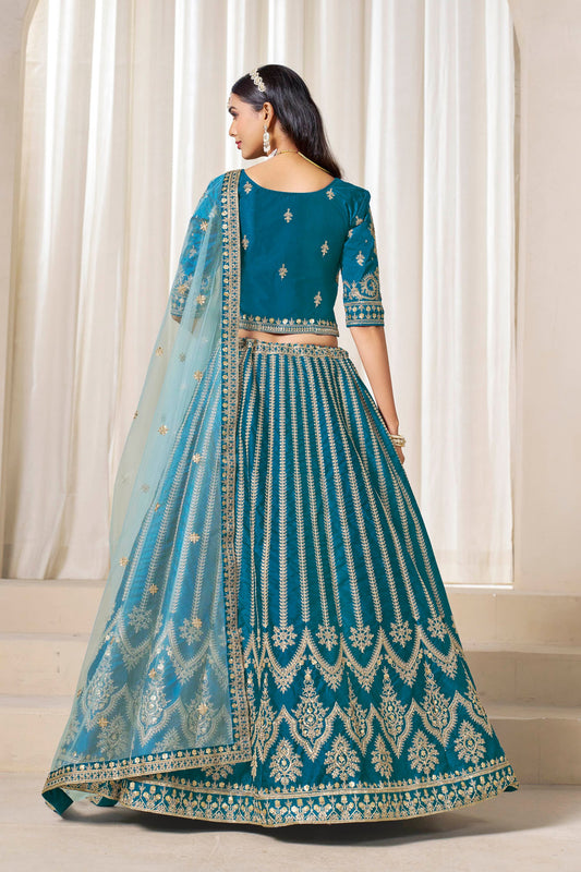 Trendy Teal Blue Art Silk Bridal Lehenga Choli with Heavy Golden Embroidery and Net Dupatta