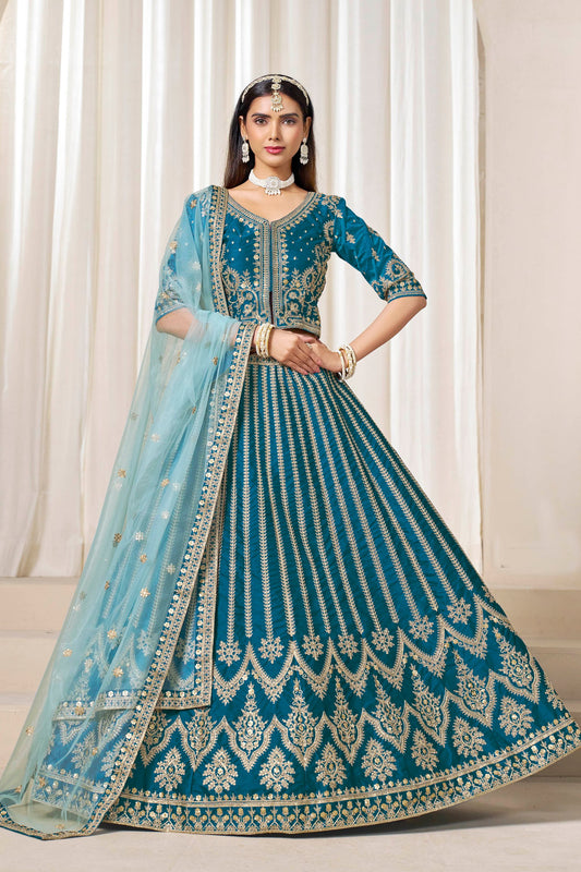Trendy Teal Blue Art Silk Bridal Lehenga Choli with Heavy Golden Embroidery and Net Dupatta