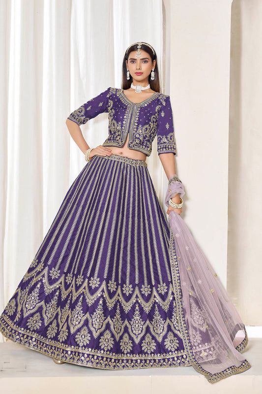 Stunning Purple Art Silk Bridal Lehenga Choli with Heavy Golden Embroidery and Net Dupatta