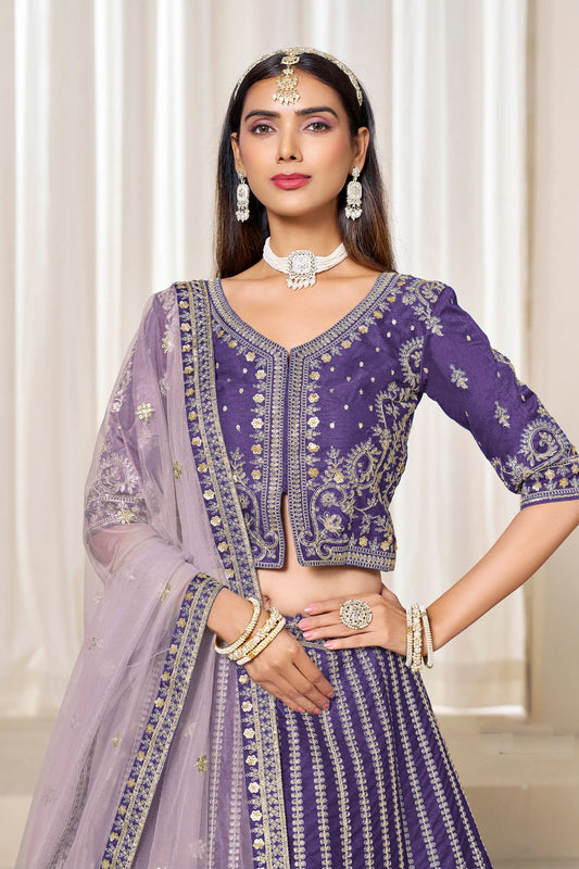 Stunning Purple Art Silk Bridal Lehenga Choli with Heavy Golden Embroidery and Net Dupatta