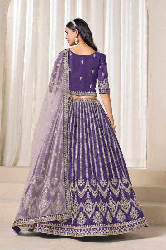 Stunning Purple Art Silk Bridal Lehenga Choli with Heavy Golden Embroidery and Net Dupatta