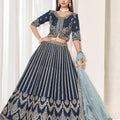 Dashing Navy Blue Art Silk Bridal Lehenga Choli with Heavy Golden Embroidery and Net Dupatta