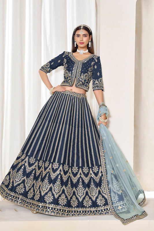 Dashing Navy Blue Art Silk Bridal Lehenga Choli with Heavy Golden Embroidery and Net Dupatta