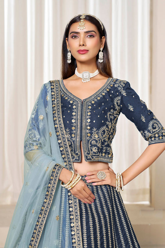 Dashing Navy Blue Art Silk Bridal Lehenga Choli with Heavy Golden Embroidery and Net Dupatta
