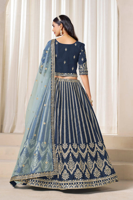 Dashing Navy Blue Art Silk Bridal Lehenga Choli with Heavy Golden Embroidery and Net Dupatta