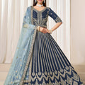 Navy Blue Art Silk Bridal Lehenga Choli with Heavy Golden Embroidery and Net Dupatta
