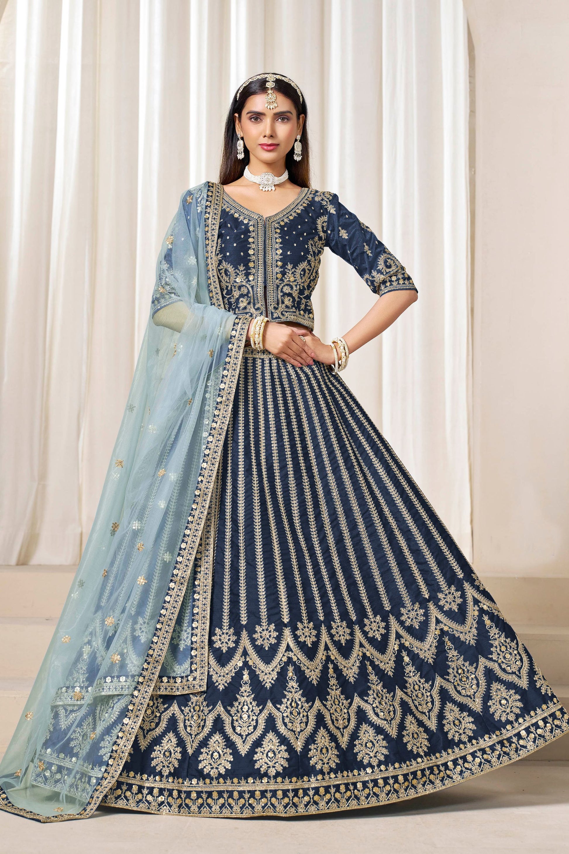 Navy Blue Art Silk Bridal Lehenga Choli with Heavy Golden Embroidery and Net Dupatta