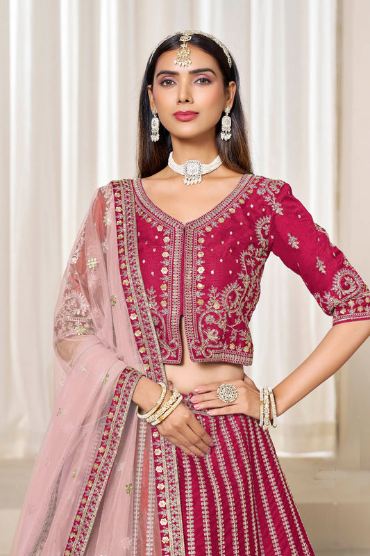 Superb Rani Pink Art Silk Bridal Lehenga Choli with Heavy Golden Embroidery and Net Dupatta
