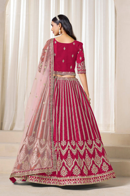 Superb Rani Pink Art Silk Bridal Lehenga Choli with Heavy Golden Embroidery and Net Dupatta
