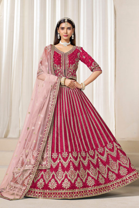 Superb Rani Pink Art Silk Bridal Lehenga Choli with Heavy Golden Embroidery and Net Dupatta