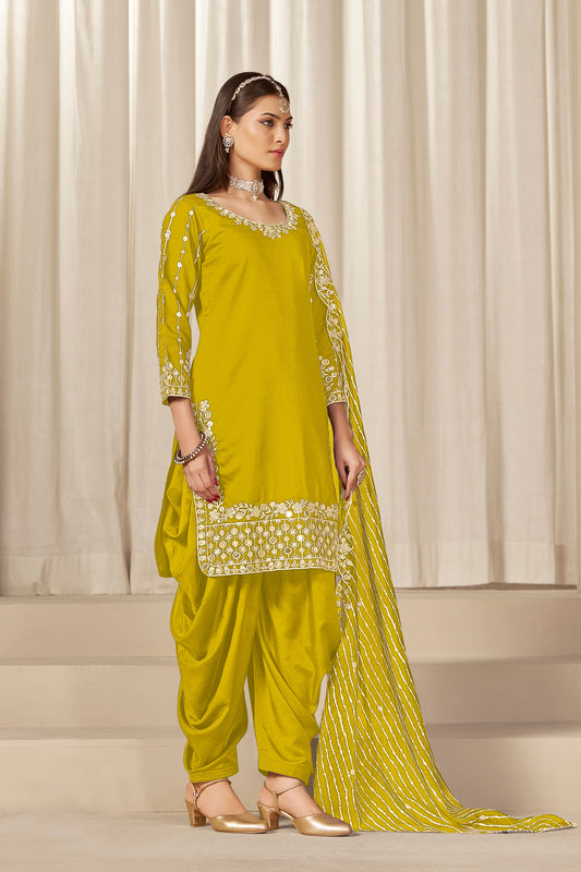 Stylish Mustard Yellow Embroidered Punjabi Patiala Suit with Dupatta