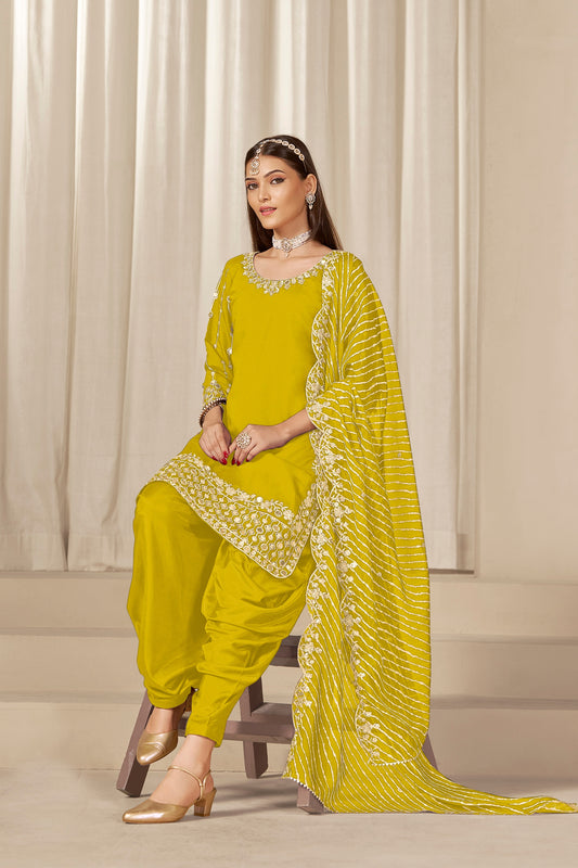 Stylish Mustard Yellow Embroidered Punjabi Patiala Suit with Dupatta