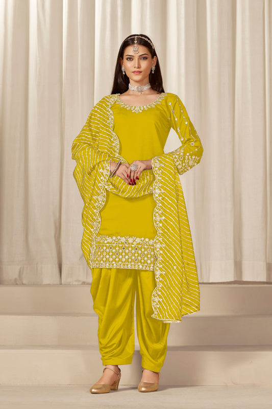 Stylish Mustard Yellow Embroidered Punjabi Patiala Suit with Dupatta