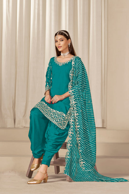Fancy Rama Green Embroidered Punjabi Patiala Suit with Dupatta