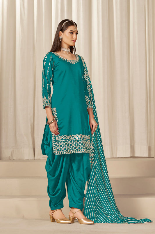 Fancy Rama Green Embroidered Punjabi Patiala Suit with Dupatta