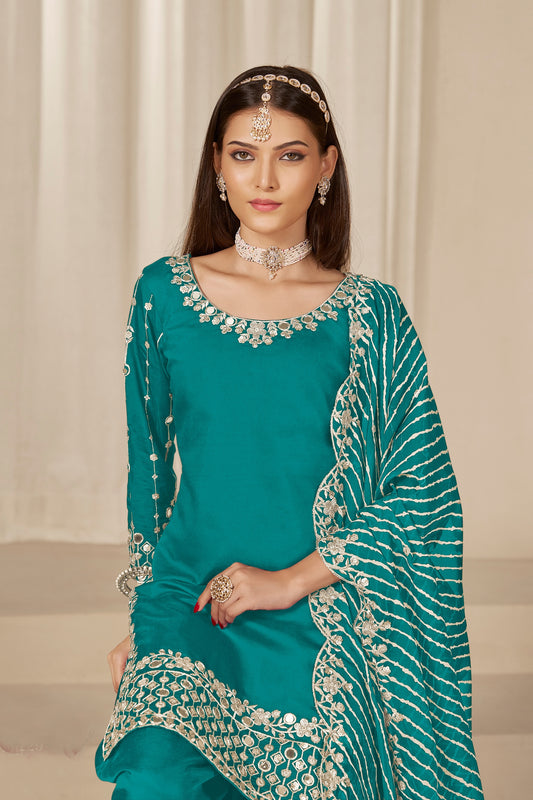 Fancy Rama Green Embroidered Punjabi Patiala Suit with Dupatta