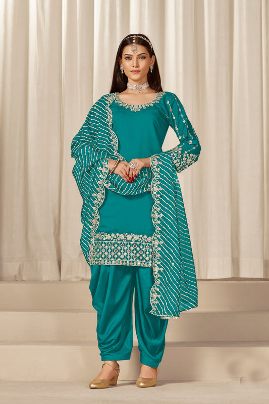 Fancy Rama Green Embroidered Punjabi Patiala Suit with Dupatta