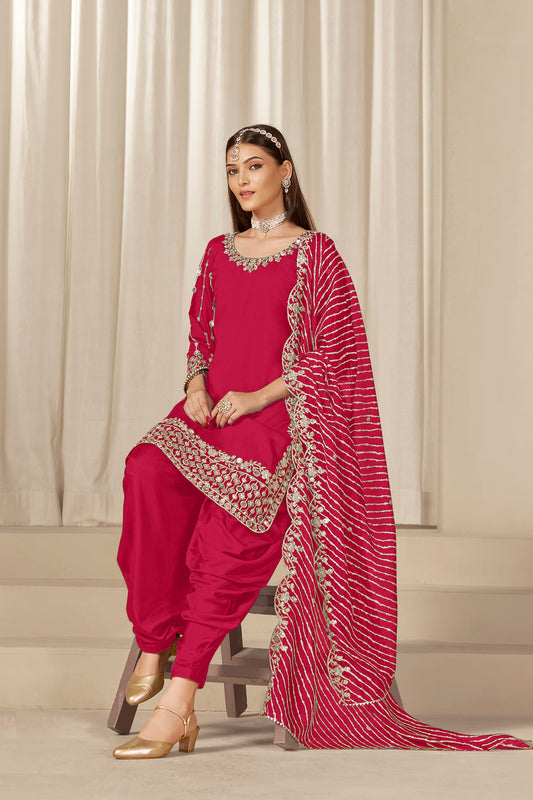 Lovely Rani Pink Embroidered Punjabi Patiala Suit with Dupatta