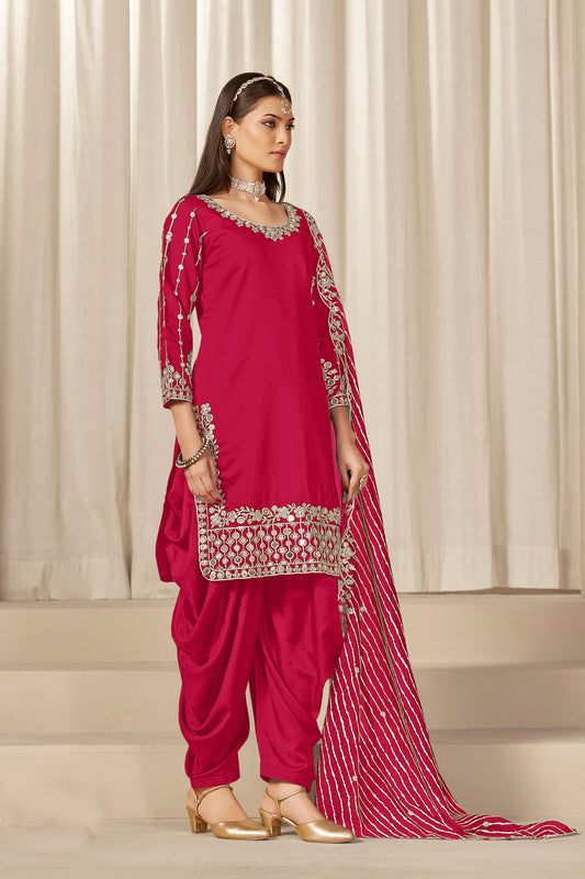 Lovely Rani Pink Embroidered Punjabi Patiala Suit with Dupatta