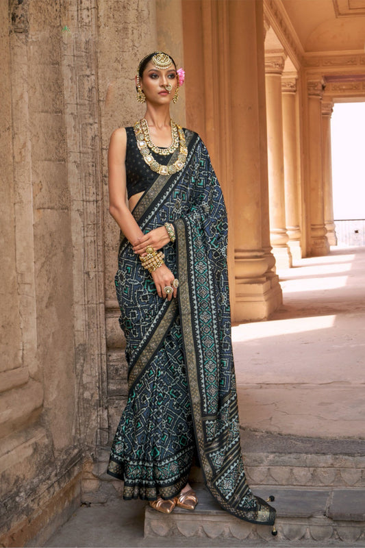 Black Patola Silk Saree with Intricate Geometric Weaving Contrast Border 